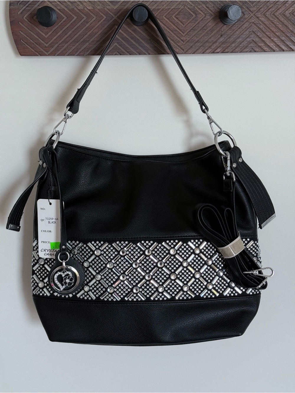 NWT Crystale Canada Black Pebbled Faux Leather Crystal Embellished Tote Purse